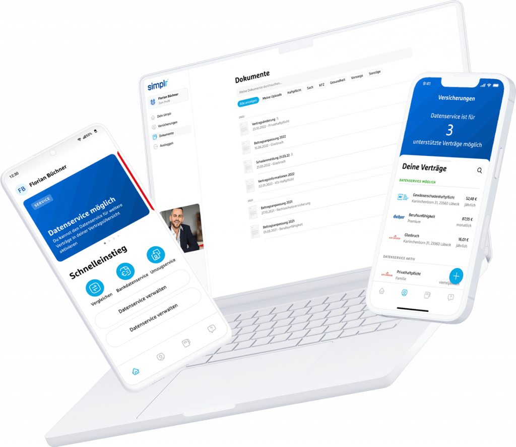 Screenshots der blau direkt simplr Apps auf Smartphones und Notebook.